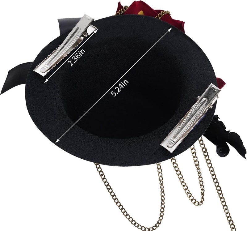 Heliltd Helitd Steampunk Mini Hat Hair Clip for Halloween Parties, Women and Men, with Rose Flower, Feather, and Chain - Image 2